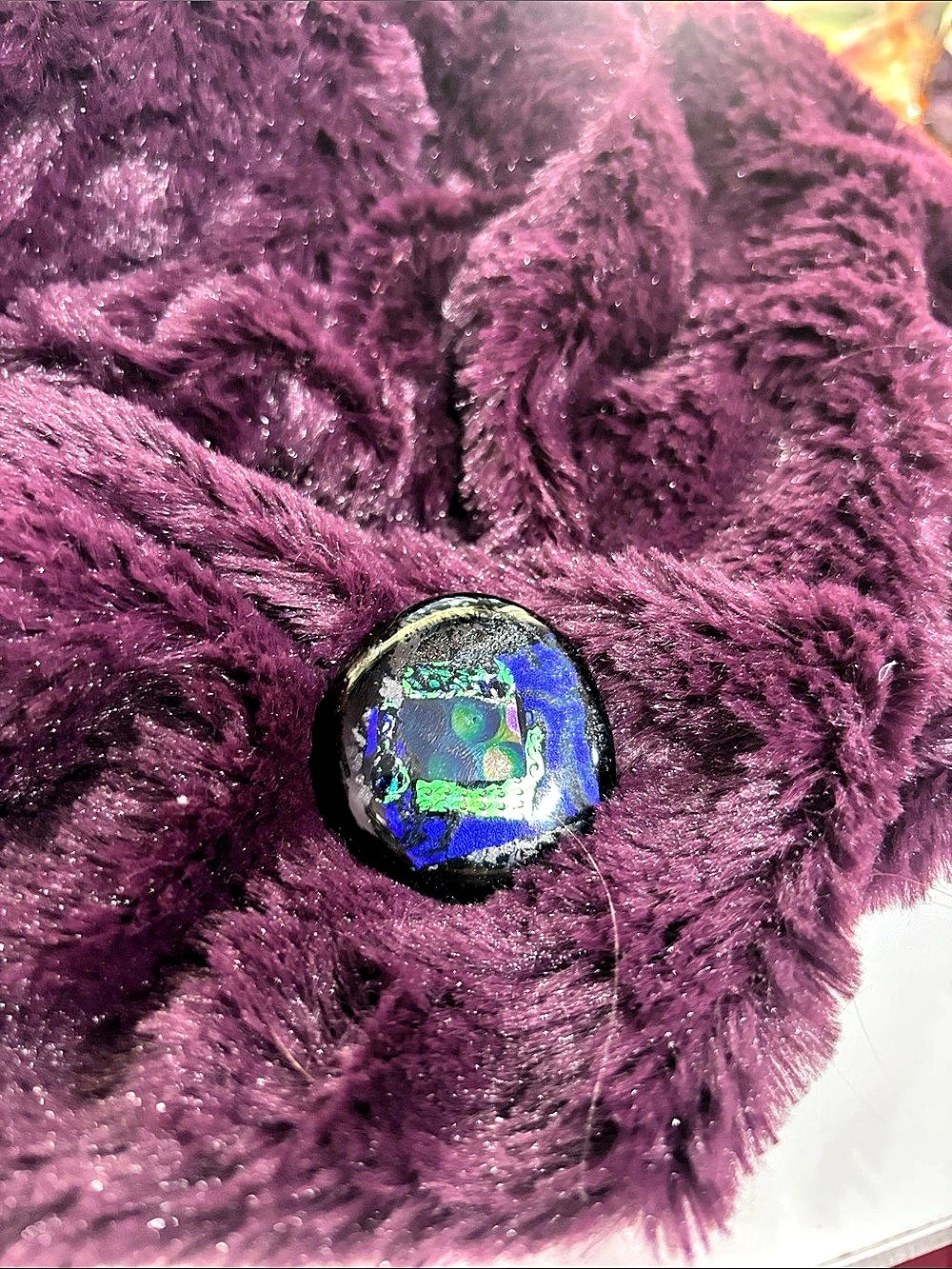 Purple, blue/green & Black Glass Brooch. No chain but can provide one for an up